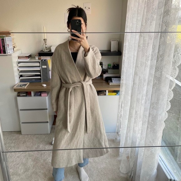 ZARA Beige Shawl‎ Collar Belted Long Coat XS Minimalistic - Picture 2 of 12